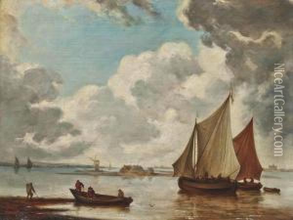 Shipping In Calm Waters With Fishermen Bringing In Their Nets Oil Painting - Jan Van De Capelle