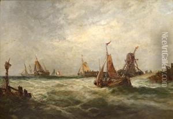Fishing Boats Off A Jetty Oil Painting - William Clarkson Stanfield