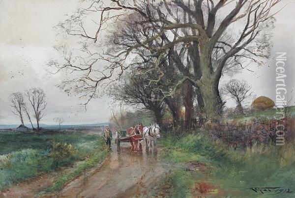 Drover And Cart On A Country Lane Oil Painting - Henry Charles Fox