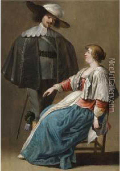A Cavalier Propositioning A Seated Lady Oil Painting - Pieter Jansz. Quast
