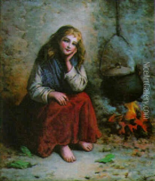 Portrait Of A Girl, Seated, Barefoot, By The Fireside Oil Painting - Frederick Gerald Kinnaird