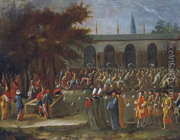 The Dutch Ambassador with his retinue being received by Sultan Ahmed III at the Topkapi Palace, Istanbul Oil Painting - Jean Baptiste Vanmour