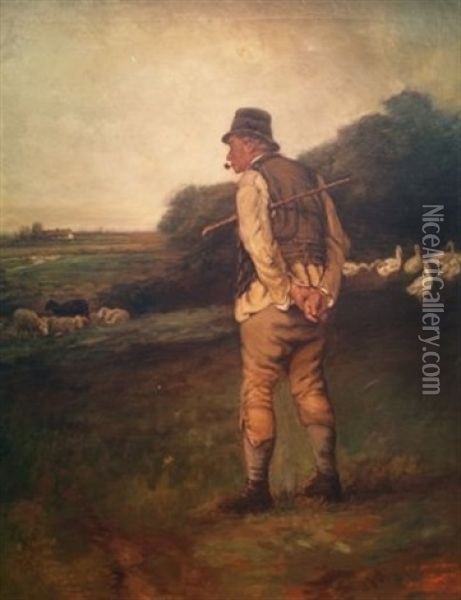 The Shepherd Surveying His Flock (by J.l. Brockbank) Oil Painting - William Magrath