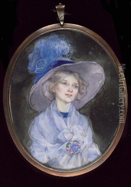 A Lady, Wearing Blue Hat Adorned With An Ostrich Feather, Blue Dress And Matching Robe And Floral Brooch Oil Painting - Bess Norriss Tait