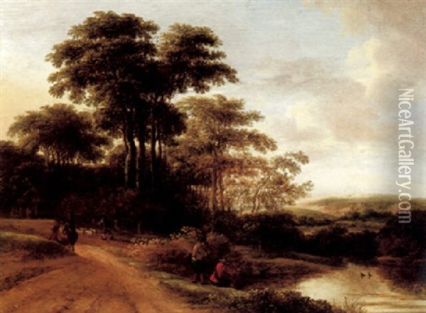 An Evening Landscape With Fishermen And Other Figures Beside A River Oil Painting - Pieter Jansz van Asch
