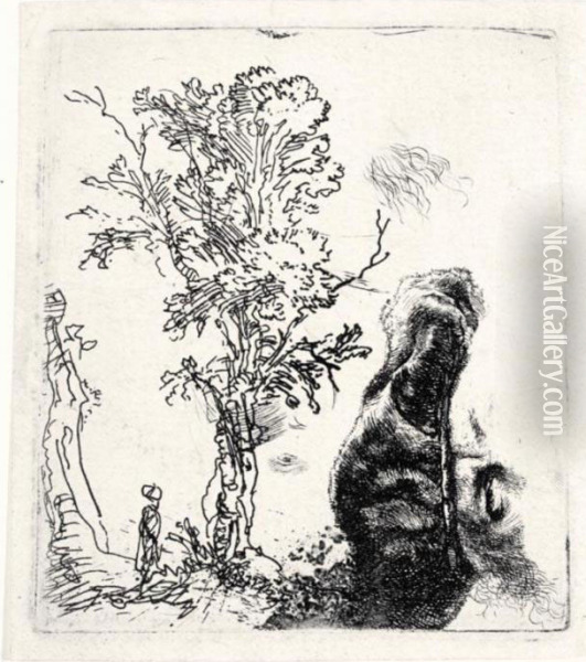 Sheet With Two Studies: A Tree, 
And The Upper Part Of A Head Of The Artist Wearing A Velvet Cap (b., 
Holl.372; H.155; Bb.42-1) Oil Painting - Rembrandt Van Rijn