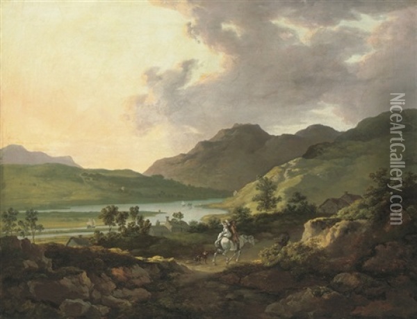 A Mountainous Lake Landscape Oil Painting - William Ashford