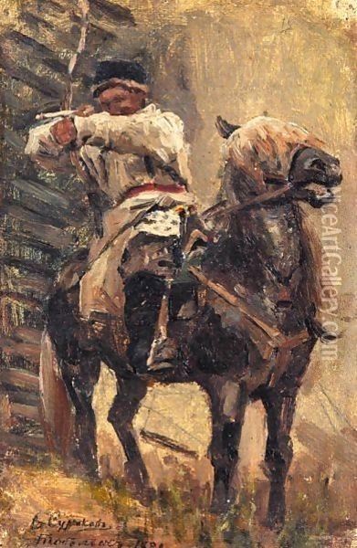 Study Of A Mounted Archer Oil Painting - Vasilij Ivanovic Surikov