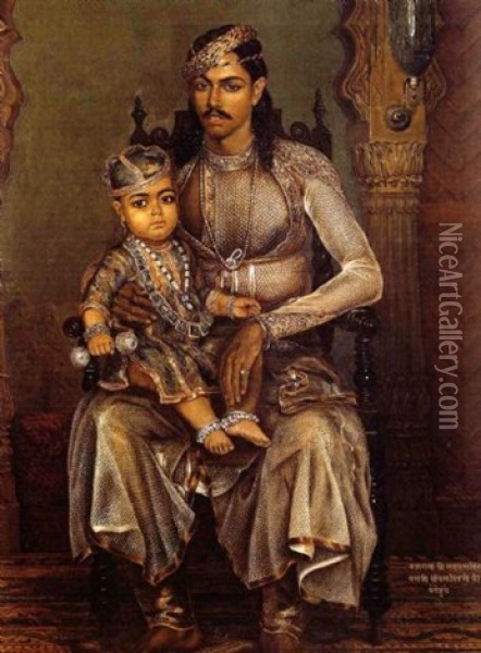 Maharajah Jaswant Singh Of Bharatpur, Aged Three, Seated With The Regent, Saval Singh Oil Painting - William Carpenter