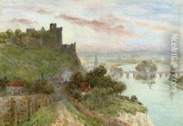 Ruined Castle Overlooking A River Oil Painting - Herbert Menzies Marshall