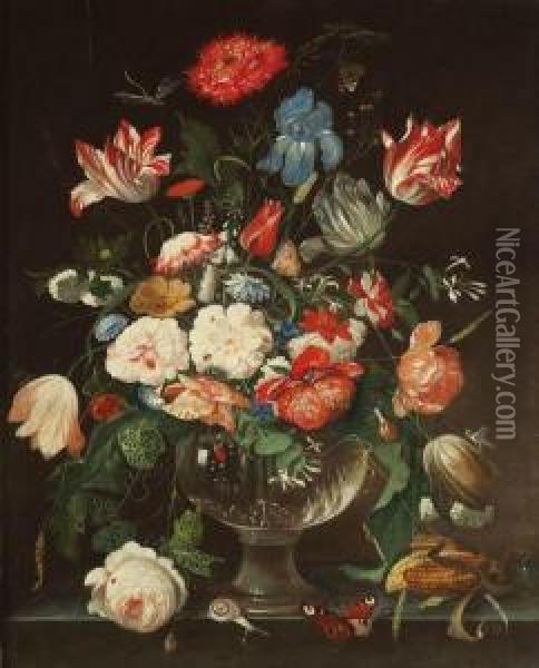 Blumenstilleben Mit Insekten Vor Dunklem Hintergrund In Der Art Der Hollandischen Oil Painting - Franz Xaver Petter