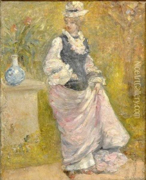 Portrait De Jeune Femme En Pied Au Chapeau A Cote D'un Vase Defleurs Oil Painting - Henry Somm