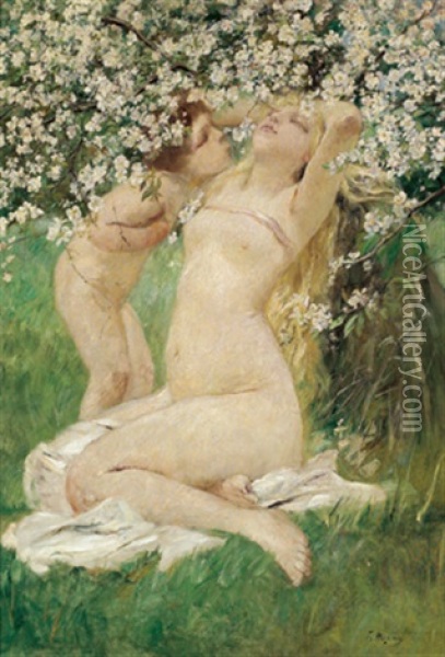 Unter Bluhenden Baumen - Bildnis Der Muse Des Kunstlers Mit Deren Gemeinsamen Tochter Anna Oil Painting - Franz Amling
