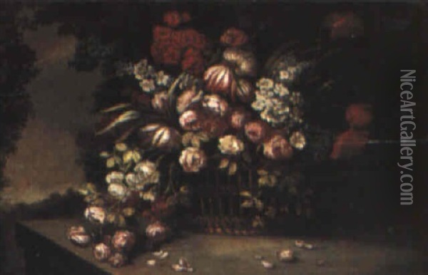 Still Life Of Flowers In A Basket On A Stone Plinth Oil Painting - Jean-Baptiste Monnoyer