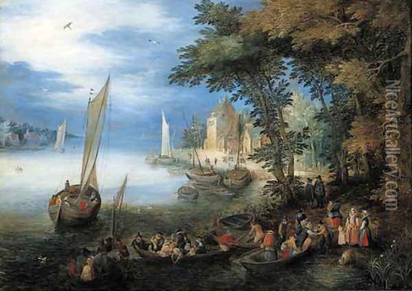 A river landscape with a ferry arriving near a landingstage, a sailing vessel nearby Oil Painting - Jan The Elder Brueghel