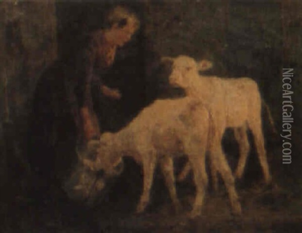 Feeding The Calves Oil Painting - John Griffiths