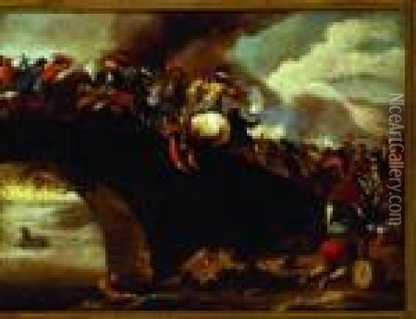 Cavalry Battle On The Bridge Oil Painting - Jacques Courtois Le Bourguignon