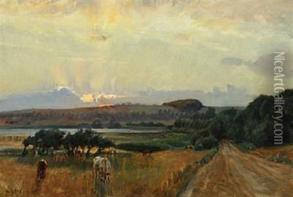 Landscape With Cows In The Field, Presumably Near Skanderborg Oil Painting - Niels Pedersen Mols