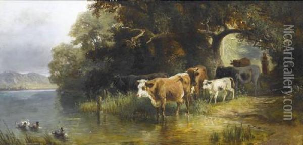 Uferpartie Mit Kuhen Und Enten Oil Painting - Friedrich Johann Voltz