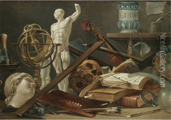 A Vanitas Still Life With An Adder In A Pestle And Mortar, A Sculpted Head, An Astrolobe, An Anatomical Sculpture, A Musical Pipe, A Skull, A Violin, A Globe, Musical Scores, Manuscripts, A Paint Palette And Brushes, Sculpting Tools And A Flask, All On A Oil Painting - Antonio Cioci or Ciocchi