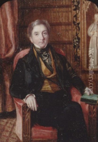 A Gentleman Wearing Black Suit, Ochre-coloured Waistcoat, Black Cravat With Gold Stickpin, He Holds A Green Covered Book, The Library Setting With Curtain... Oil Painting - Alfred Tidey
