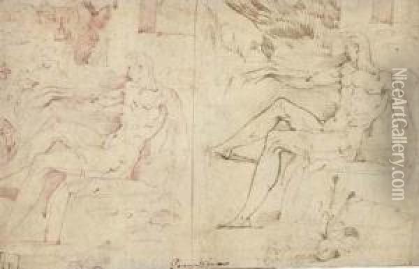 Deux Etudes Pour Un Homme Assis De Profil A Gauche Dans Un Paysage(recto); Pieta (verso) Oil Painting - Jacopo Zanguidi, Called Jacopo Bertoija
