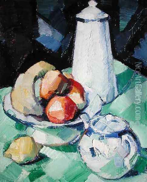 Still Life with Teapot and Fruit on a green Tablecloth, c.1913 Oil Painting - Samuel John Peploe