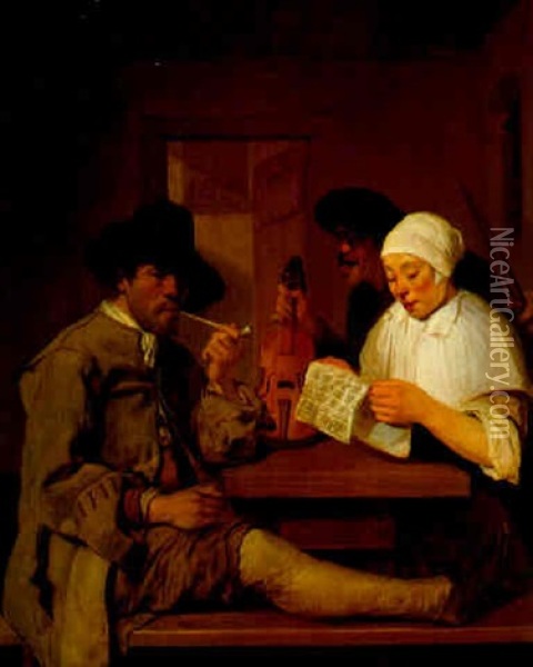 An Interior With A Smoker, A Musician And A Woman Reading A Paper Oil Painting - Job Adriaensz Berckheyde