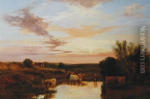 Herdsman Watering Cattle At Evening Oil Painting - George Shalders