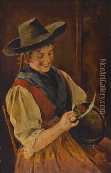 Bauerndirndl, Eine Nelke An Einen Hut Steckend Oil Painting - Emma (Edle von Seehof) Mueller