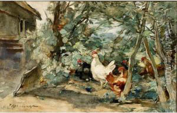 Chickens On A Yard Oil Painting - Johannes Evert Akkeringa