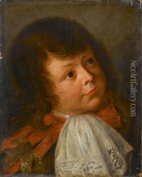 Portrait Of A Young Boy, Bust-length, In A Red Coat With A White Lace Jabot Oil Painting - Jacob Oost The Younger