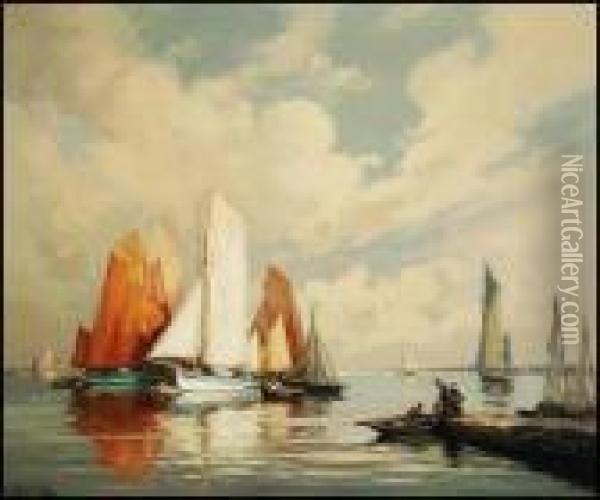 Fishing Boats In The Harbour Oil Painting - Henri Alphonse Barnoin