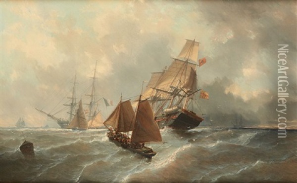 Marine Avec Trois-mats A La Gite Oil Painting - Jean Baptiste Henri Durand-Brager