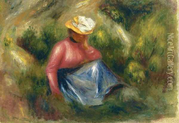Seated Young Girl With Hat Oil Painting - Pierre Auguste Renoir