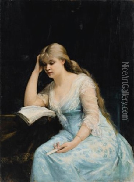 Portrait Of A Young Woman Reading Oil Painting - Mariya Konstantinova Bashkirtseva