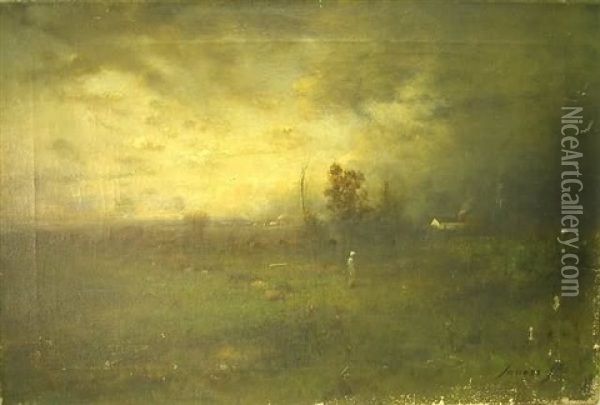 Landscape With Central Figure In Field, Buildings In Distance Oil Painting - George Inness Jr.