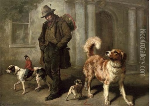 Travelling Entertainments Oil Painting - Alfred William Strutt