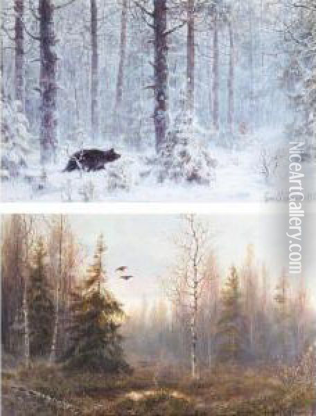 Three Hunting Scenes: Shooting Ducks; Bear Hunt In Winter, And Gamebirds In Flight Oil Painting - Wladimir Leonidovich Murawjoff