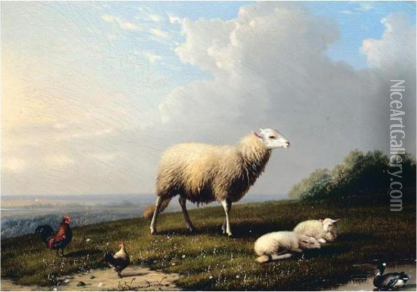Sheep And Fowl On A Hilltop Oil Painting - Franz van Severdonck