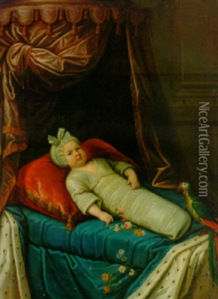 Portrait Of A Child (the Infant De France?) In Swaddling Clothes With A Parrot On A Canopied Bed With An Ermine Lined Cover And A Crimson Cushion Oil Painting - Martin (Martinus I) Mytens
