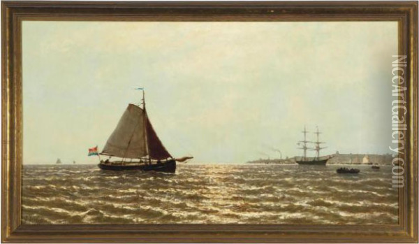 A Sailing Boat Approaching A Dutch Harbor Oil Painting - Georges Johannes Hoffmann