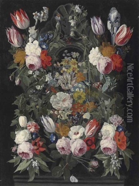 Roses, Parrot Tulips, Poppies, Fuschia, Narcissi, Morning Glory, An Iris And Other Flowers Surrounding A Sculpted Stone Cartouche With A Red Admiral, A Brimstone, An Orange-tip And Other Butterflies, On A Stone Ledge Oil Painting - Jan van Kessel the Elder