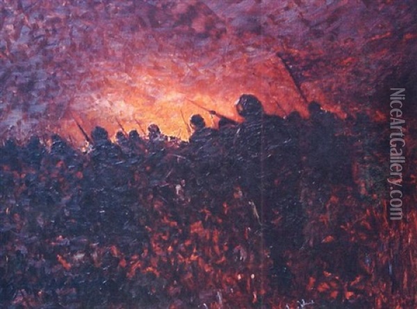 Soldados Aliados Al Atardecer: Ii Guerra Mundial Oil Painting - Stephen Robert Koekkoek