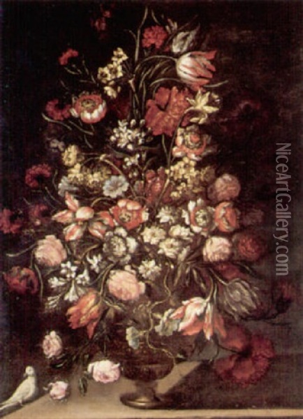 Still Life Of Various Flowers In An Ormolu Vase Oil Painting - Mario Nuzzi