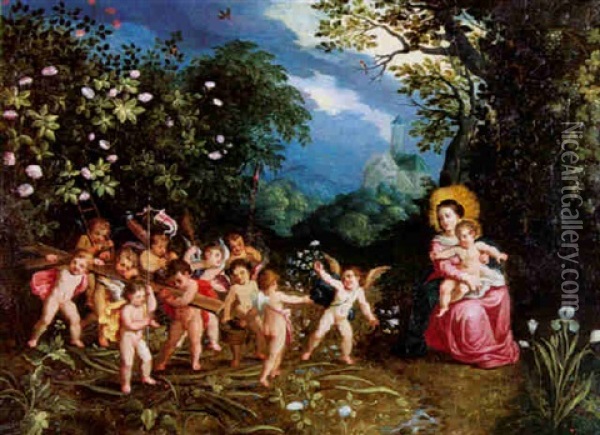 Vierge A L'enfant Accompagnee Des Anges Dans Un Paysage Oil Painting - Abraham Govaerts