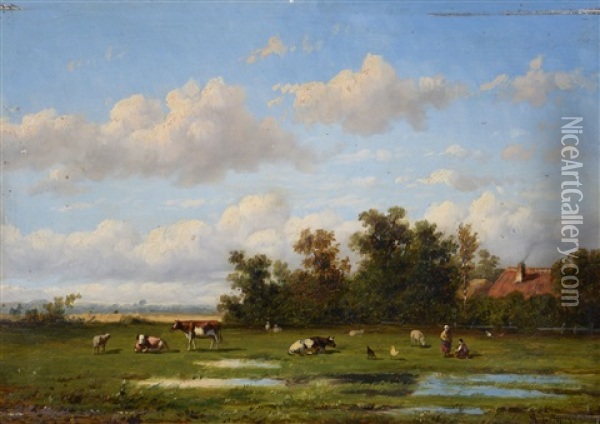 Cattle And Chicken In A Landscape Oil Painting - Anthonie Jacobus van Wijngaerdt