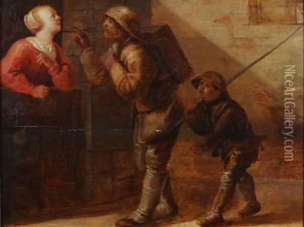 Een Schoorsteenveger En Zijn Knecht Worden Begroet Door Een Vrouw In Een Deuropening Oil Painting - Jan van de Venne