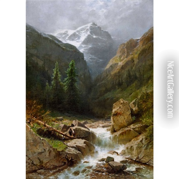 Wilder Gebirgsbach Bei Rosenlaui Mit Dem Wellhorn Oil Painting - Gustave Eugene Castan
