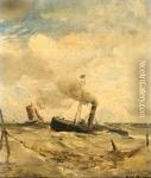 Onstuimige Zee Met Stoomschuit, 
Op De Achtergrond Een Vissersboot En Op De Voorgrond Een Visnet Oil Painting - Hendrik Willem Mesdag